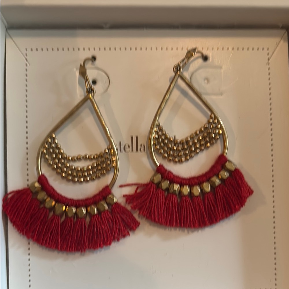Stella & Dot Gold Red Tassel Earrings